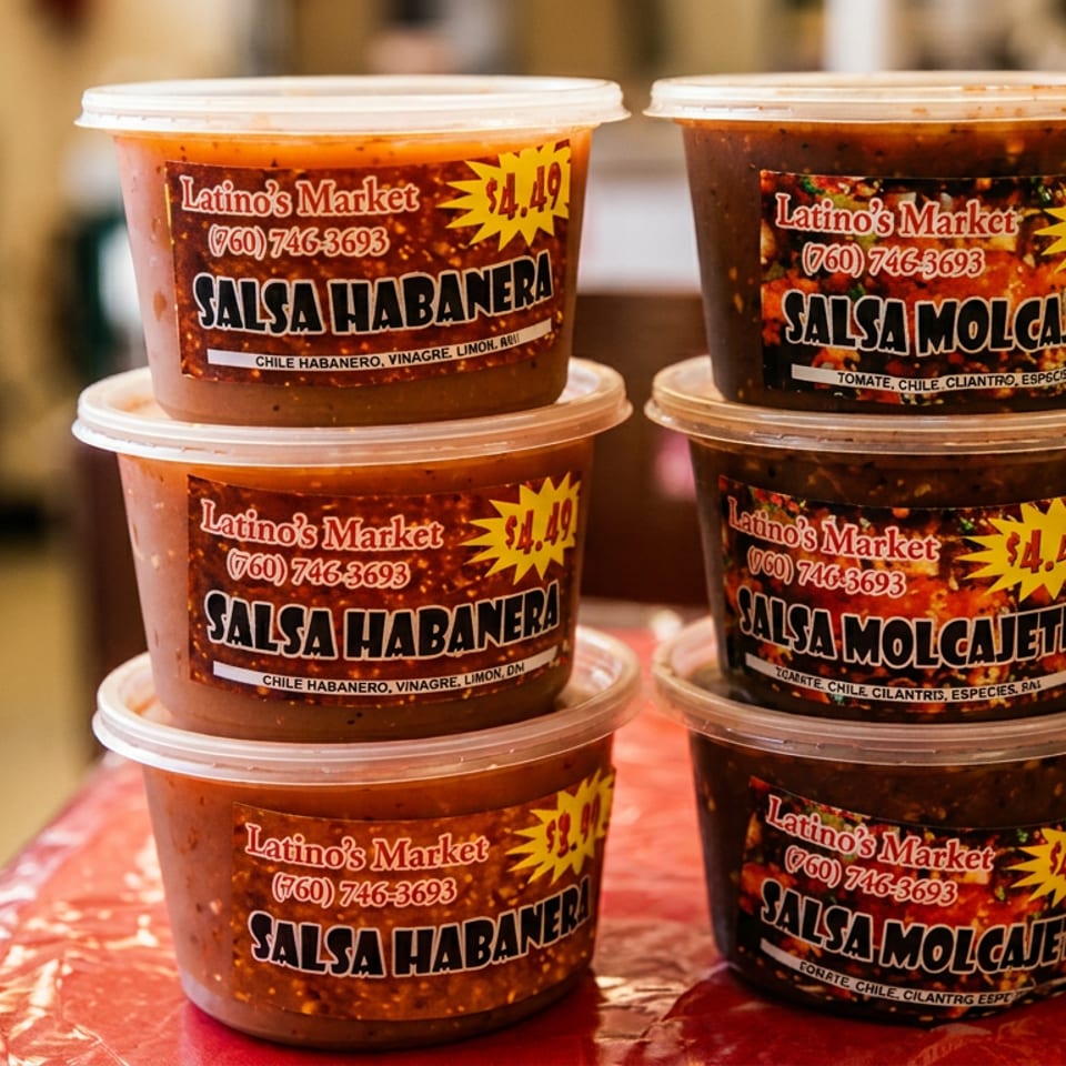 Various Latino's Market salsas, including Habanera and Molcajete, in clear plastic containers.