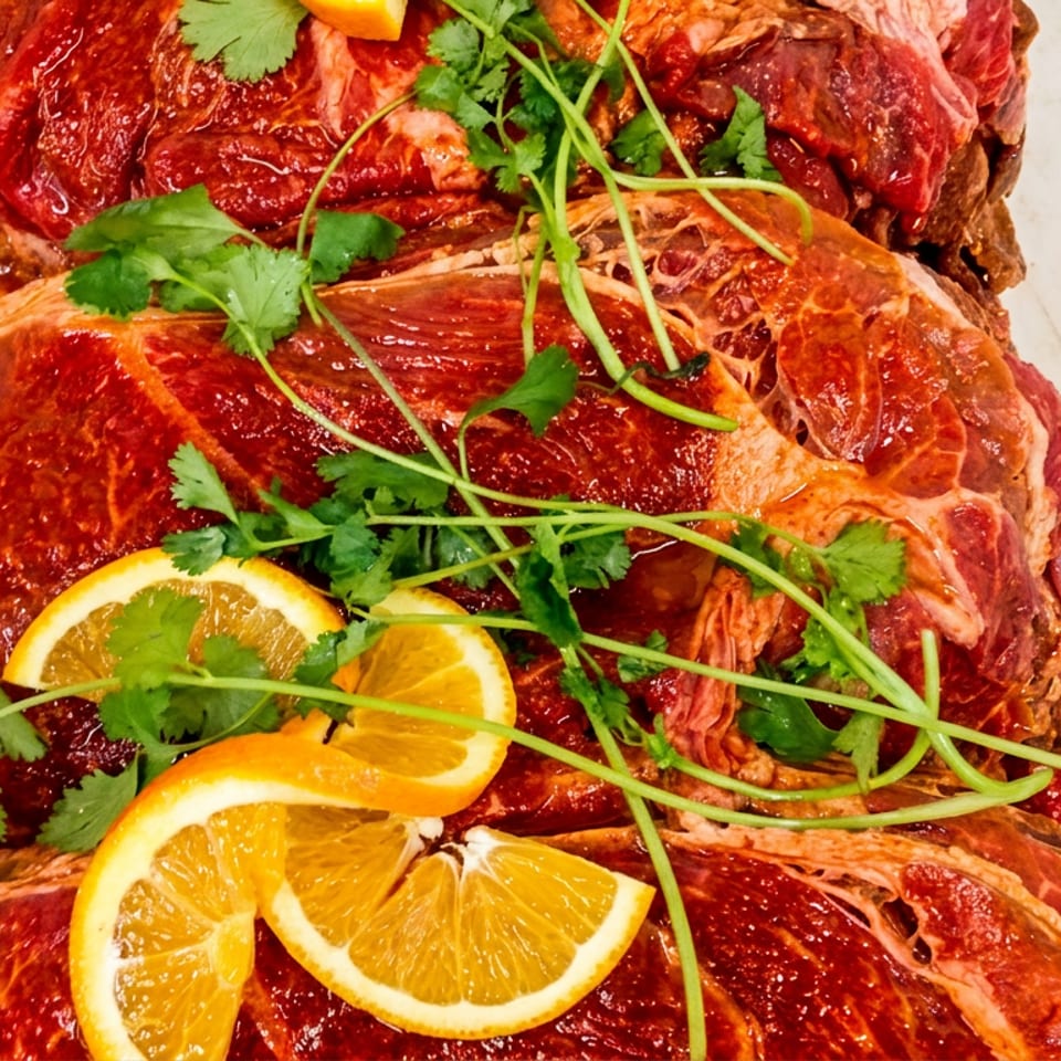 Marinated raw meat cuts topped with fresh orange slices and cilantro on a white surface.